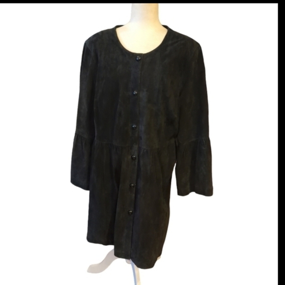 Vtg Black suede Dress snap front chic minimalist drop waist bell sleeve midi 1X - Picture 1 of 10